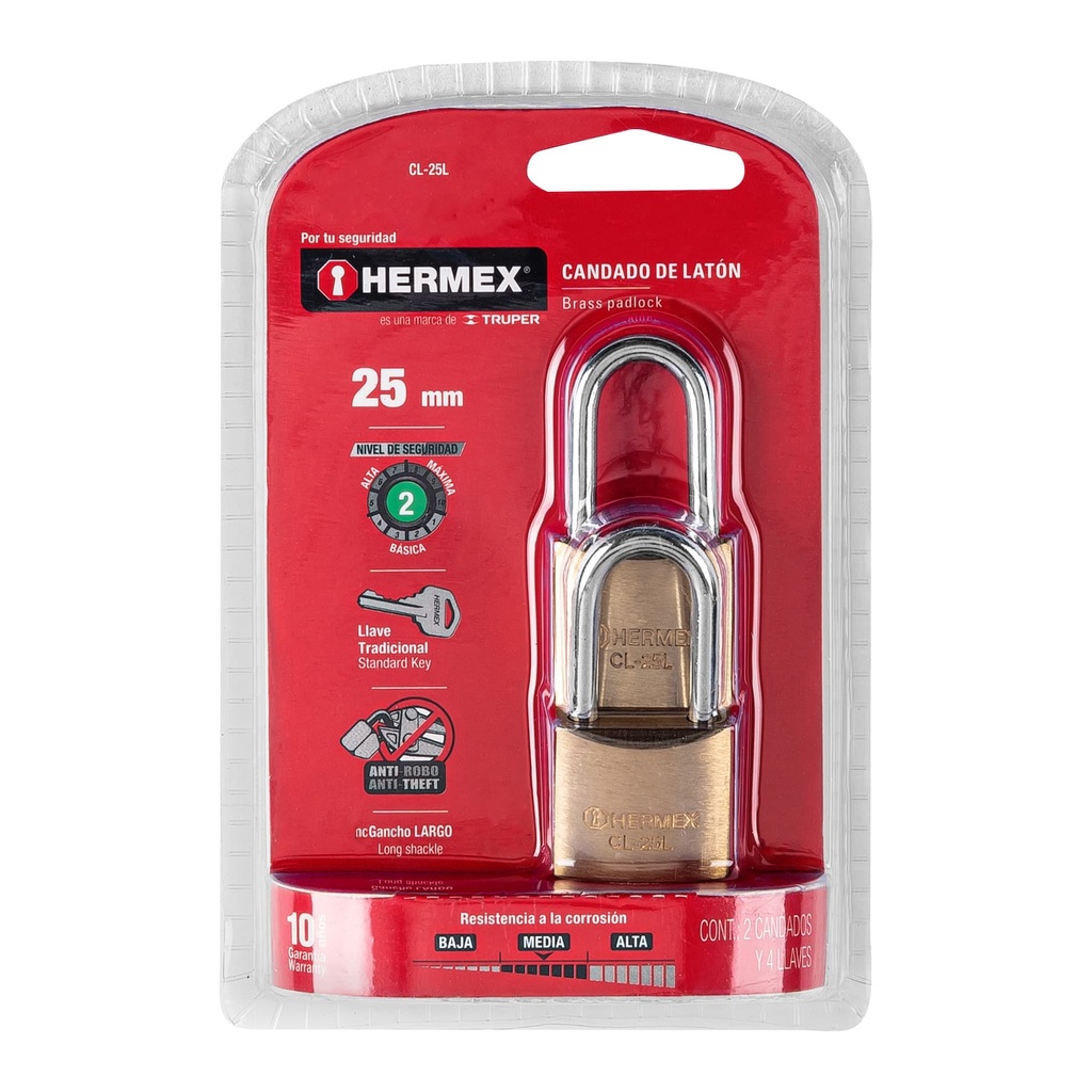 HERMEX CANDADO CL-25L 25MM LATON PULIDO GANCHO LARGO