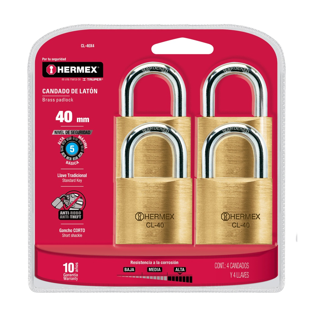 HERMEX CANDADO CL-40X4 40MM LATON PULIDO GANCHO CORTO 4PZA