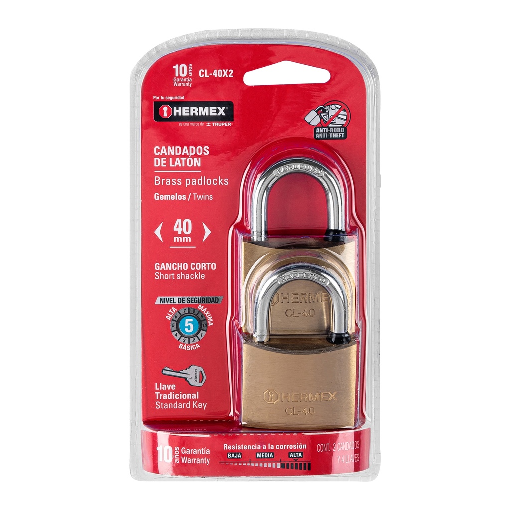 HERMEX CANDADO CL-40X2 40MM LATON PULIDO GANCHO CORTO