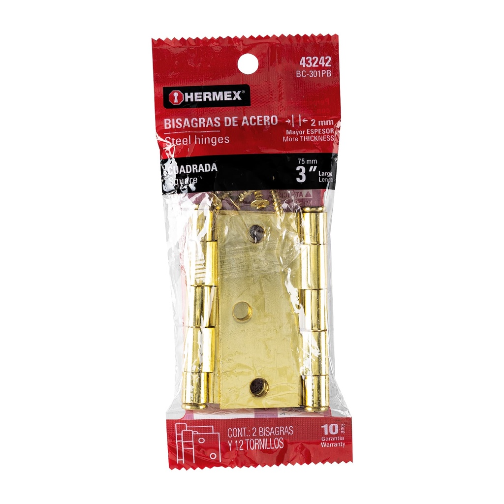 HERMEX BISAGRA BC-301PB 3" CUADRADA LATON CABEZA PLANA