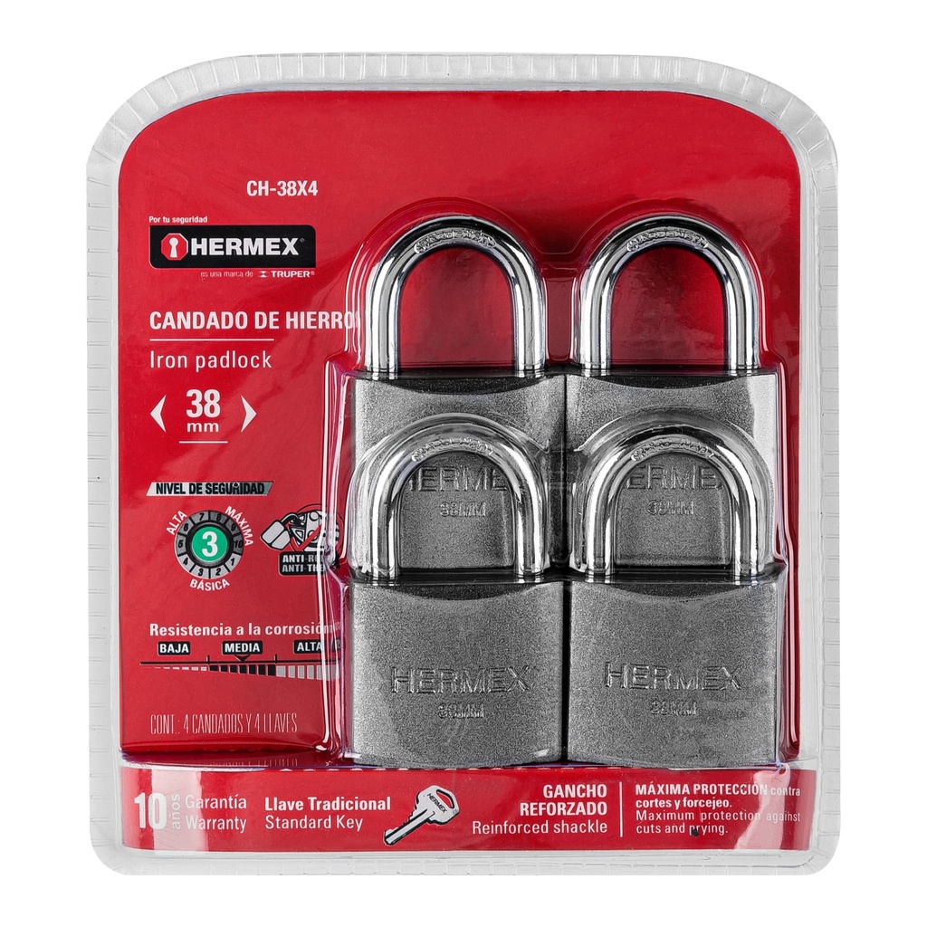 HERMEX CANDADO CH-38X4 38MM HIERRO GACHO LARGO BLISTER 4PZA