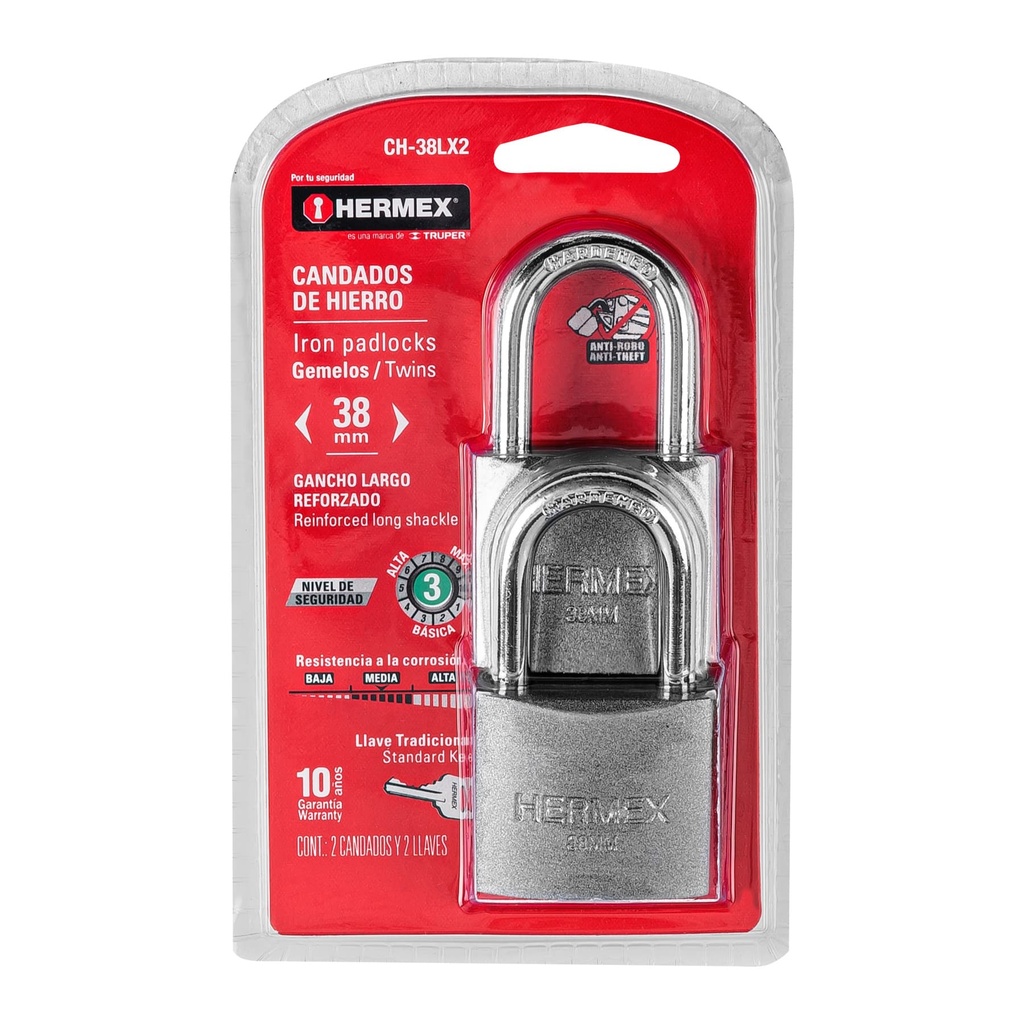 HERMEX CANDADO CH-38LX2 38MM HIERRO GACHO LARGO EN BLISTER