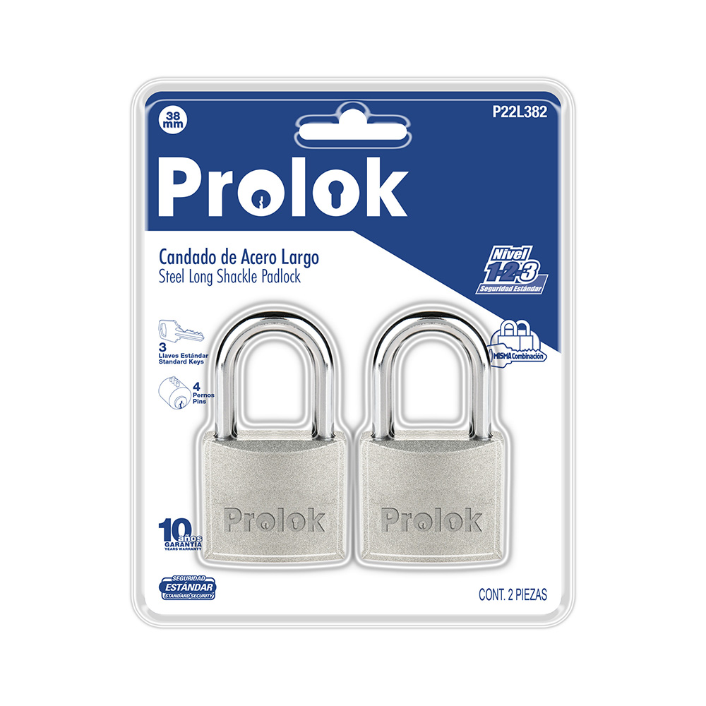 PROLOK JUEGO CANDADO P22L382 38MMPROLOK ACERO GANCHO LARGO