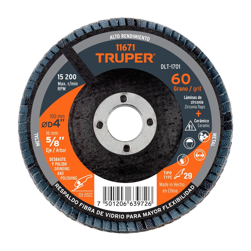 TRUPER DISCO LAMINADO G-60 DIAMETRO 4 TIPO 29 DLT-1701