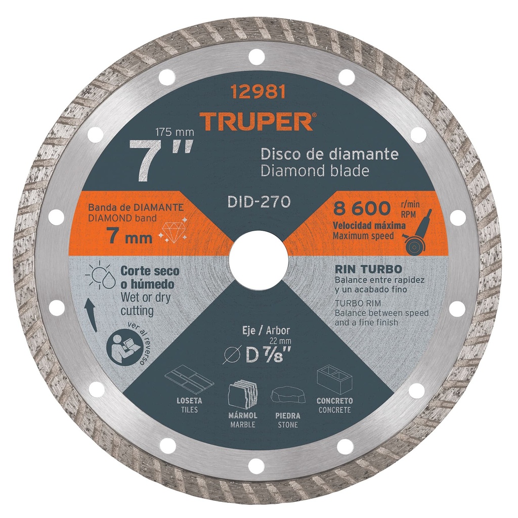 TRUPER DISCO DE DIAMANTE RIN TURBO DIAMETRO 7 DDT-1527T