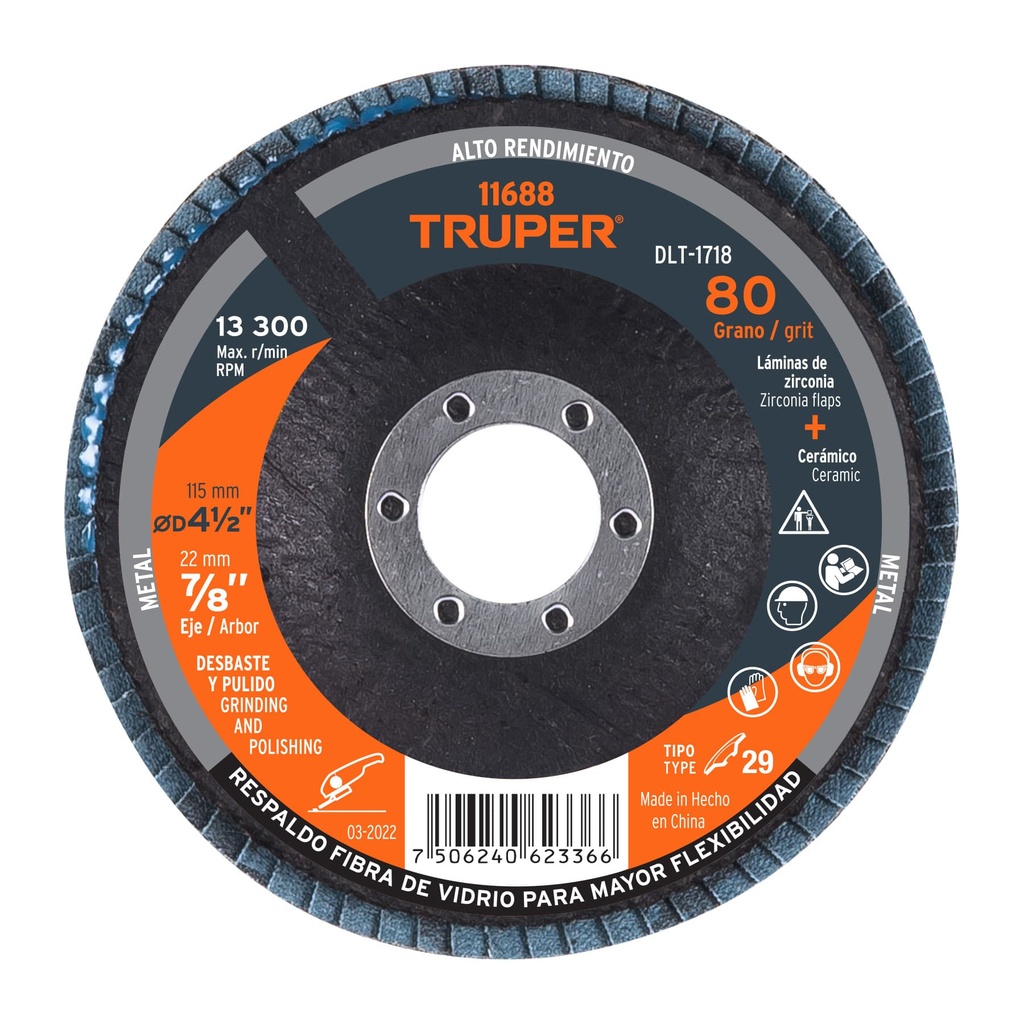 TRUPER DISCO DLT-1718 7/8 X 4 1/2"GRANO 80 LAMINADO DLT-1718