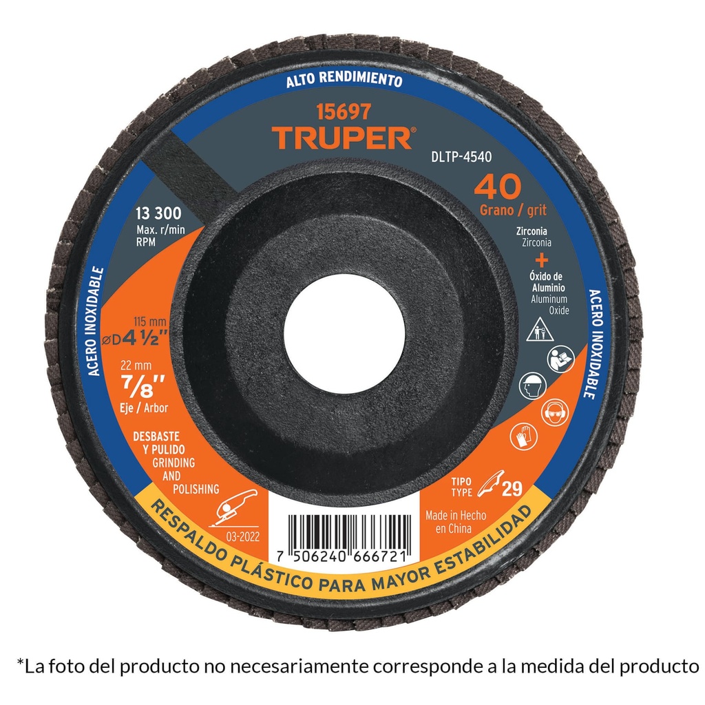 TRUPER DISCO LAM DLTP-4580 4-1/2X7/8" G-80 RESPALDO PLAST