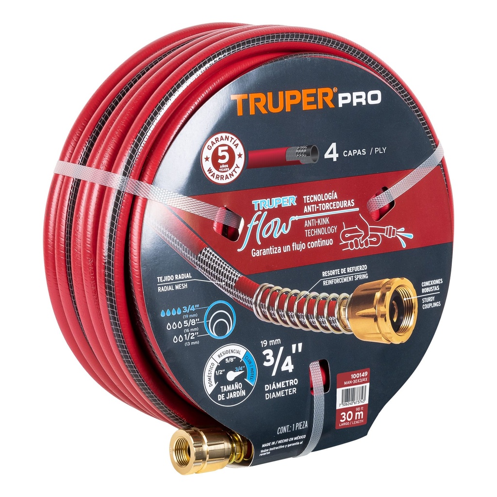TRUPER MANGUERA 4 CAPAS MAN-30X3/4X30M CONEX LATON 3/4