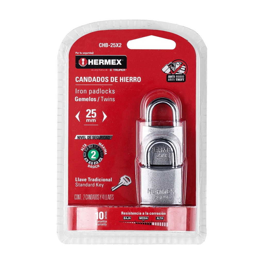 HERMEX CANDADO HIERRO, BLISTER, 25MM, 2 PZAS