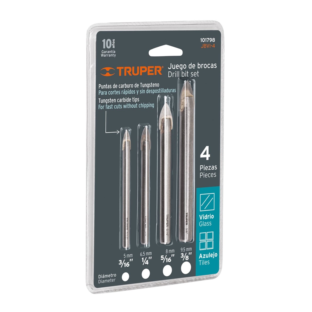 TRUPER JGO BROCAS P/VIDRIO    4PZ 3/16"-3/8"