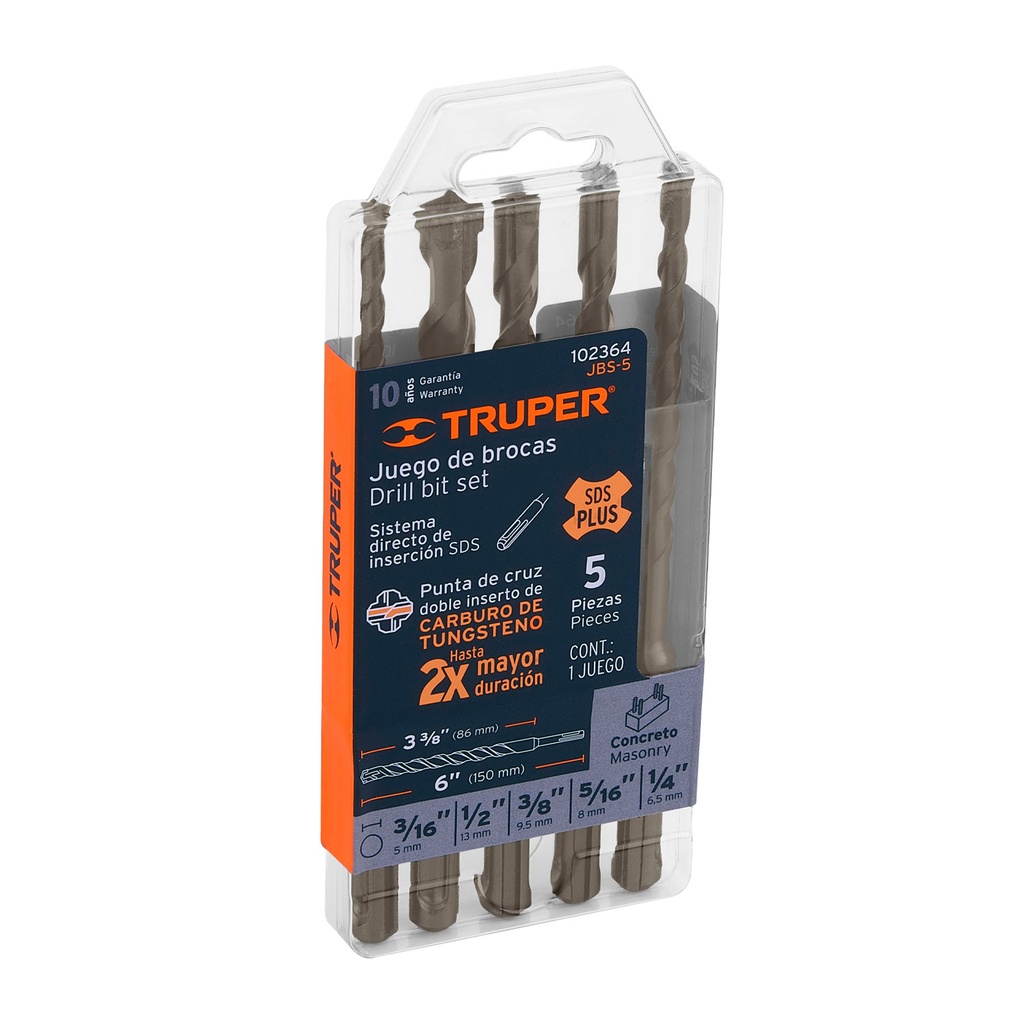 TRUPER JGO BROCAS P/CONCRETO  SDS PLUS 5PZ 3/16"-1/4"