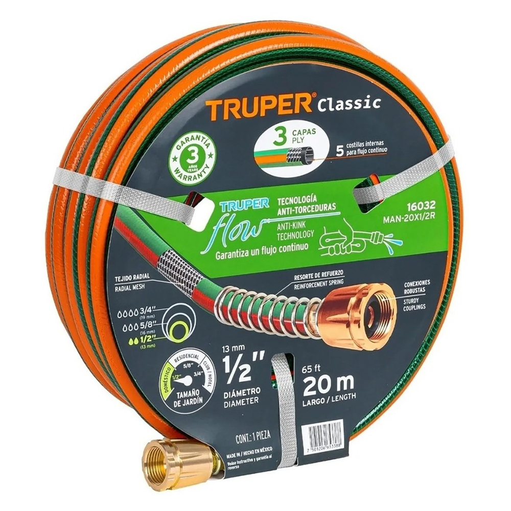 TRUPER MANGUERA 3 CAPAS MAN-20X1/2R20M CONEX LATON 1/2