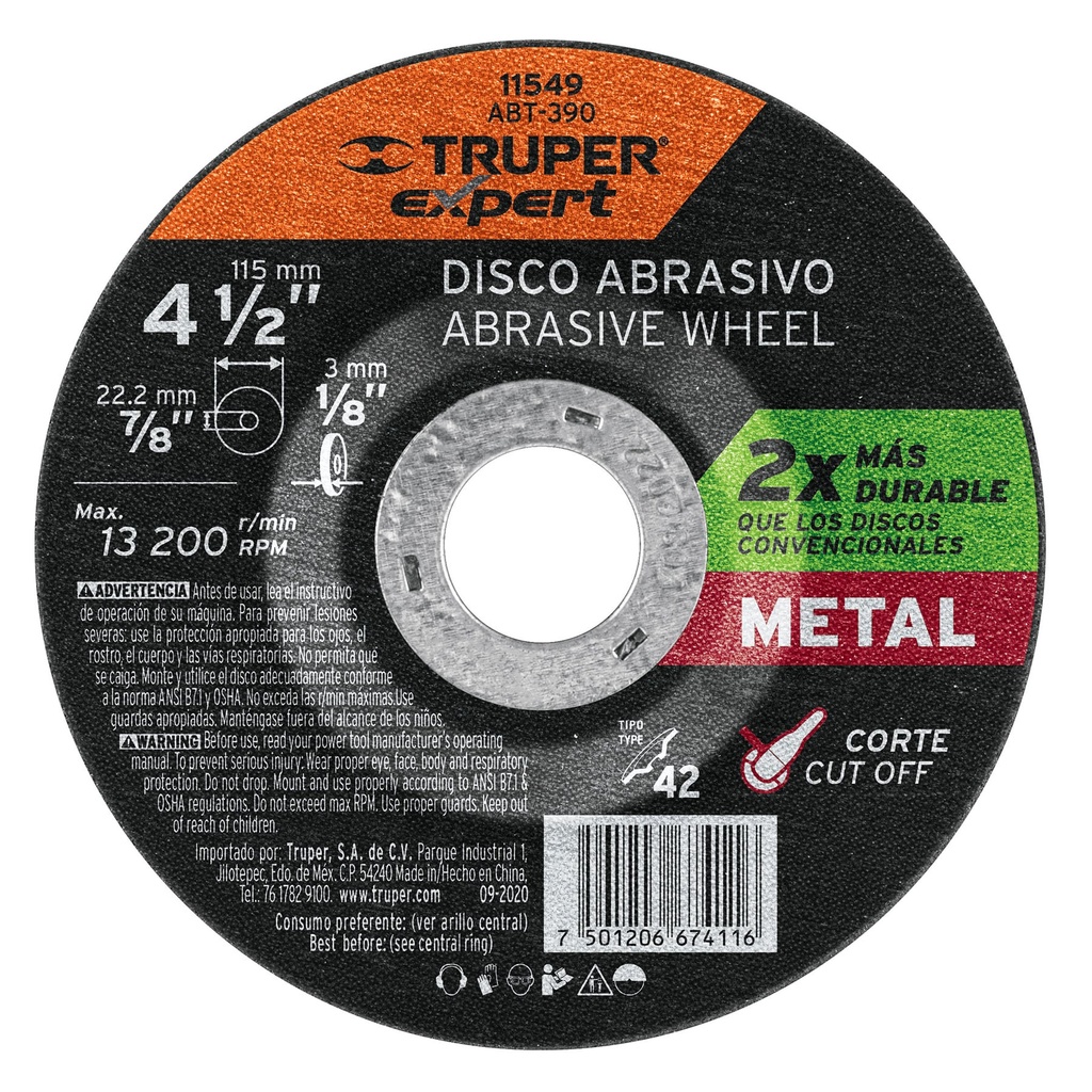 TRUPER DISCO ABT-390 3.2MM 4 1/2P/CORTE D METAL