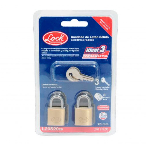 LOCK CANDADO LATON 2PZ 20MM   CORTO L20S20EB