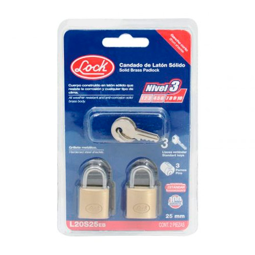 LOCK CANDADO LATON 2PZ 25MM   CORTO LLAVE STD L20S25EB