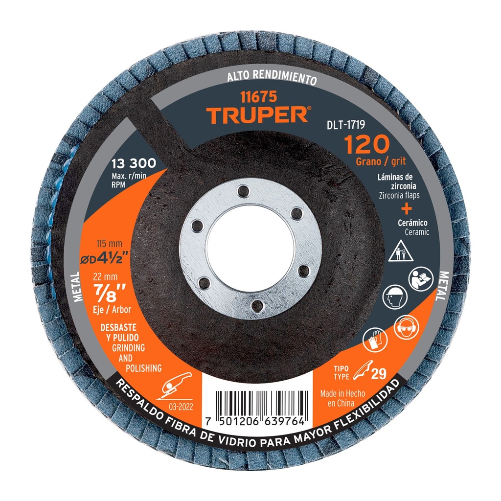 TRUPER DISCO DLT-1719 7/8 X4 1/2GRANO 120 LAMINADO