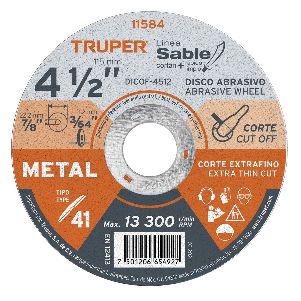 TRUPER DISCO DICOF-4512 1.2MM 4 1/2P/METAL CORTE EXTRAFINO