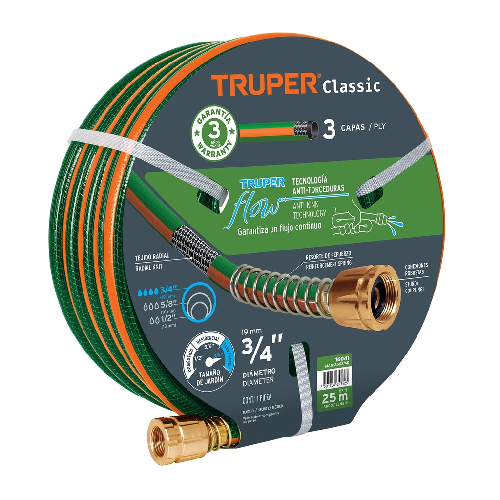 TRUPER MANGUERA 3 CAPAS MAN-25X3/4R25M CONEX LATON 3/4