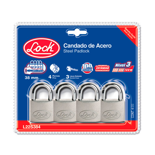 [HC74869] LOCK CANDADO ACERO 4PZ 38MM   AC CORTO LLAVE STD L22S384
