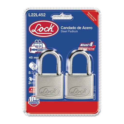 [HC74870] LOCK CANDADO ACERO 2PZ 45MM   LARGO LLAVE STD L22L452