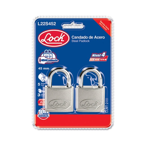[HC74871] LOCK CANDADO ACERO 2PZ 45MM   AC CORTO LLAVE STD L22S452