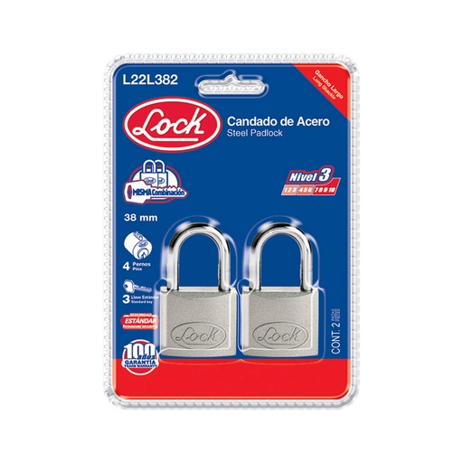 [HC74872] LOCK CANDADO ACERO 2PZ 38MM   AC LARGO LLAVE STD L22L382