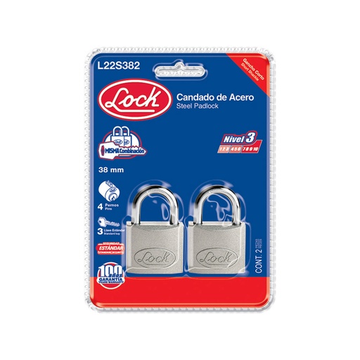 [HC74873] LOCK CANDADO ACERO 2PZ 38MM   AC CORTO LLAVE STD L22S382