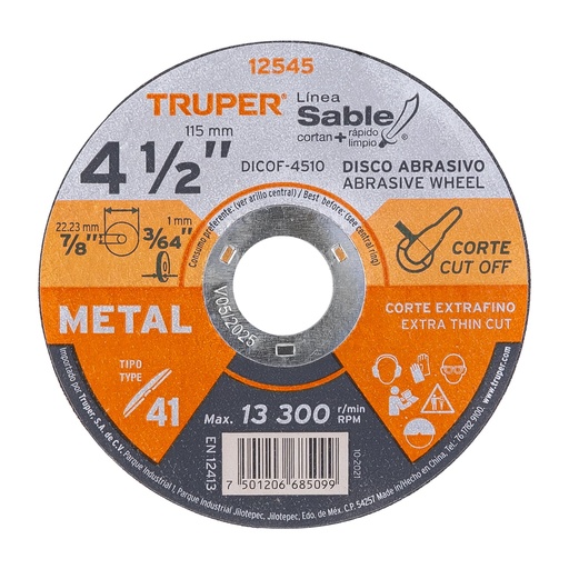 [HC81913] TRUPER DISCO DICOF-4510 1M 4 1/2P/METAL CORTE EXTRAFINO