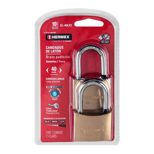 [HC81838] HERMEX CANDADO CL-40LX2 40MM LATON PULIDO GANCHO LARGO