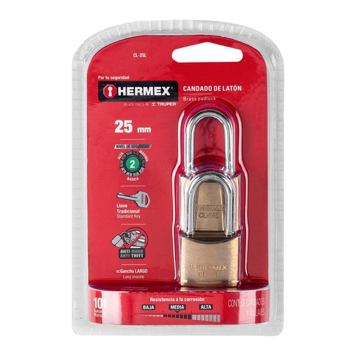 [HC81923] HERMEX CANDADO CL-25L 25MM LATON PULIDO GANCHO LARGO