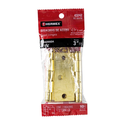 [HC81440] HERMEX BISAGRA BC-301PB 3" CUADRADA LATON CABEZA PLANA