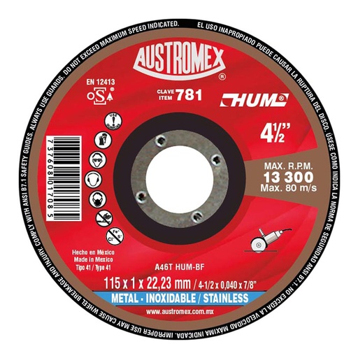 [HC26661] AUSTROMEX DISCO CORTE A INOX 4-1/2X0.040X7/8" 781