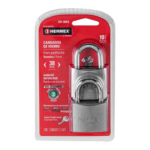 [HC63598] HERMEX CANDADO CH-38X2 38MM HIERRO GACHO CORTO BLISTER 2PZA