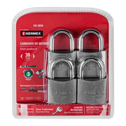 [HC63599] HERMEX CANDADO CH-38X4 38MM HIERRO GACHO LARGO BLISTER 4PZA