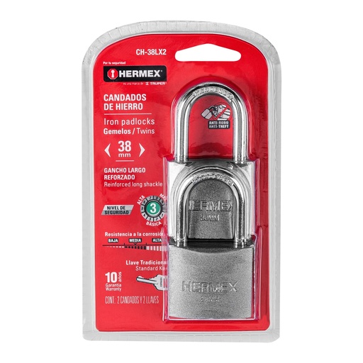 [HC63600] HERMEX CANDADO CH-38LX2 38MM HIERRO GACHO LARGO EN BLISTER