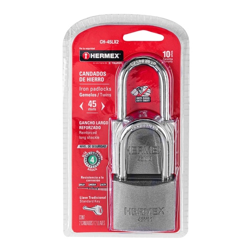 [HC63601] HERMEX CANDADO CH-45LX2 45MM HIERRO GACHO LARGO EN BLISTER
