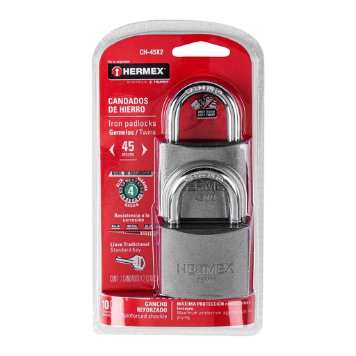 [HC63588] HERMEX CANDADO CH-45X2 45MM HIERRO GACHO CORTO BLISTER 2PZA