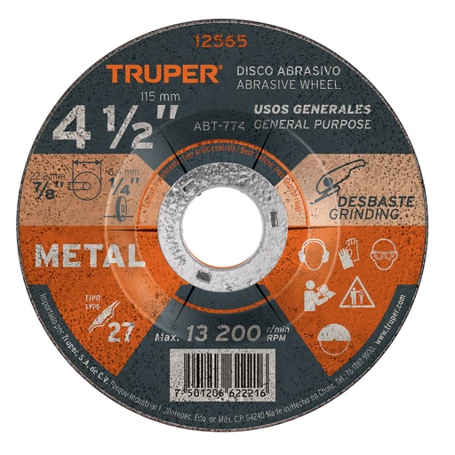 [HC60207] TRUPER DISCO ABT-774 6.4MM 4 1/2" P/DESBASTE METAL USO GRAL