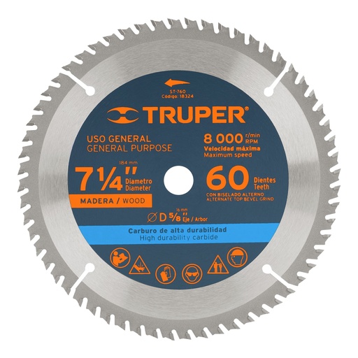 [HC90487] TRUPER DISCO SIERRA CIRCULAR  7-1/4" 60DTESX5/8" ST-760