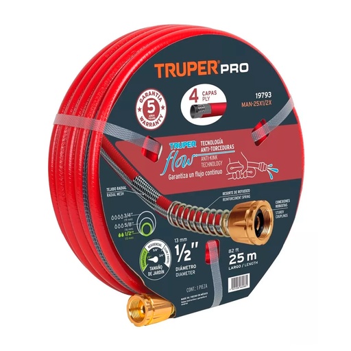 [HC89891] TRUPER MANGUERA 4 CAPAS MAN-25X1/2X25M CONEX LATON 1/2