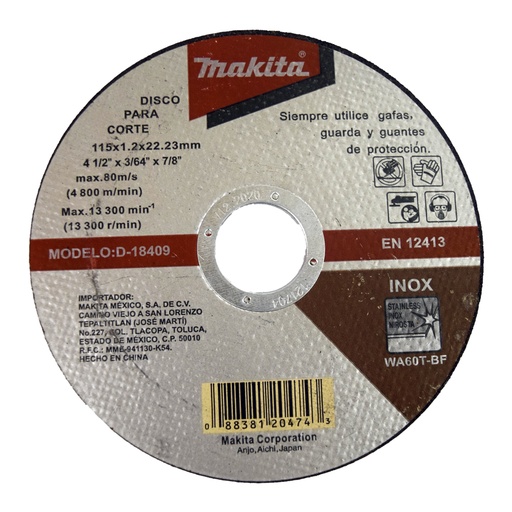 [HC106225] MAKITA DISCO ABRASIVO D18409 115X1.2 CORTE P/ACERO INOX