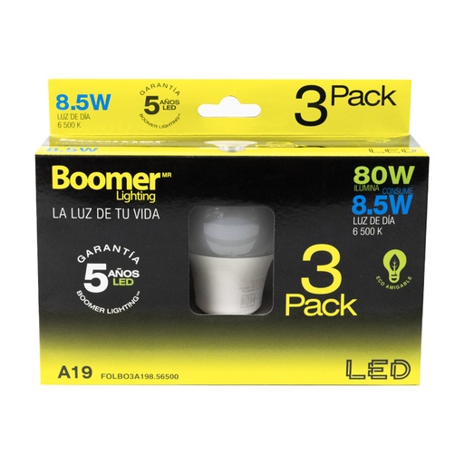 [HC106340] BOOMER FOCO LED 8.5W 6500K    A19 3PACK LUZ FRIA
