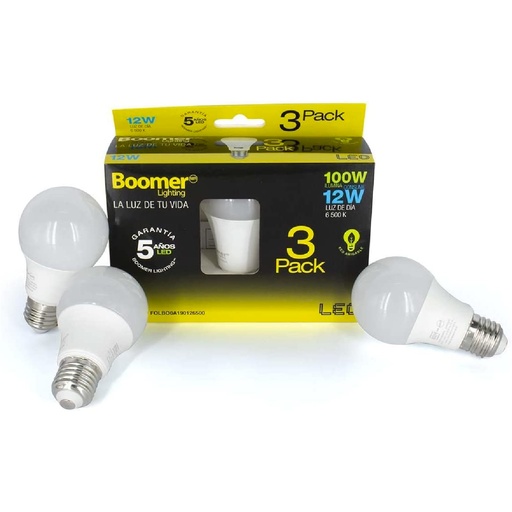 [HC119807] BOOMER FOCO LED 12W 6500K     A19 3PACK LUZ FRIA