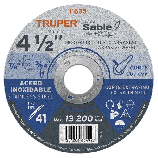 [HC120623] TRUPER DISCO P/CORTE A/INOX ABT-751DIAMET. 4-1/2"