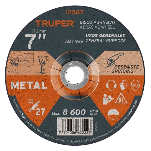 [HC13036] TRUPER DISCO DESBASTE METAL 177X6X22.2 ABT-999