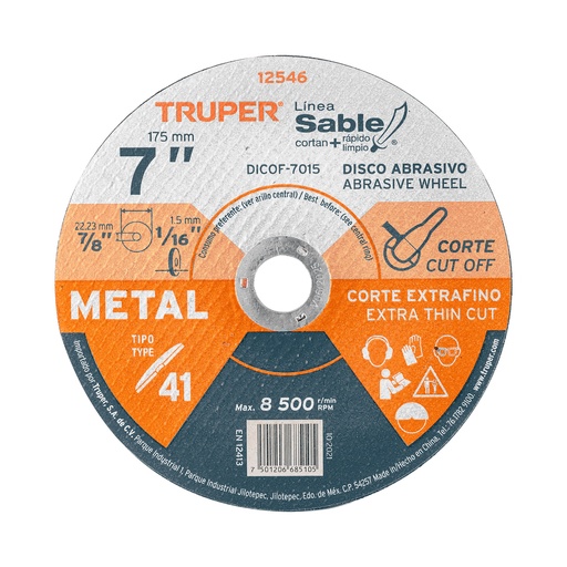 [HC20925] TRUPER DISCO SABLE CORTE METAL TIPO 1 7 1.5 MM DICOF-7015