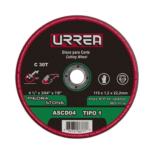[HC131492] URREA DISCO ABRAS ASCD04 4-1/2"X3/64 TPO1 P/PIEDRA USO GRAL