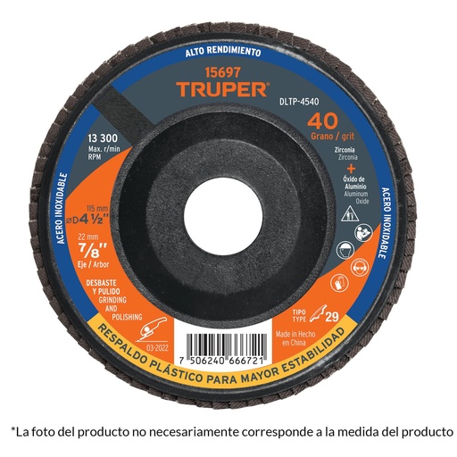 [HC136575] TRUPER DISCO LAM DLTP-4580 4-1/2X7/8" G-80 RESPALDO PLAST