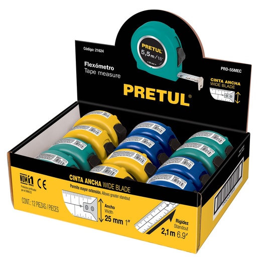 [HC19648] PRETUL FLEXOMETRO 5.5M 19MM PRO-55MECCINTA 12PZ DISPLAY BOX