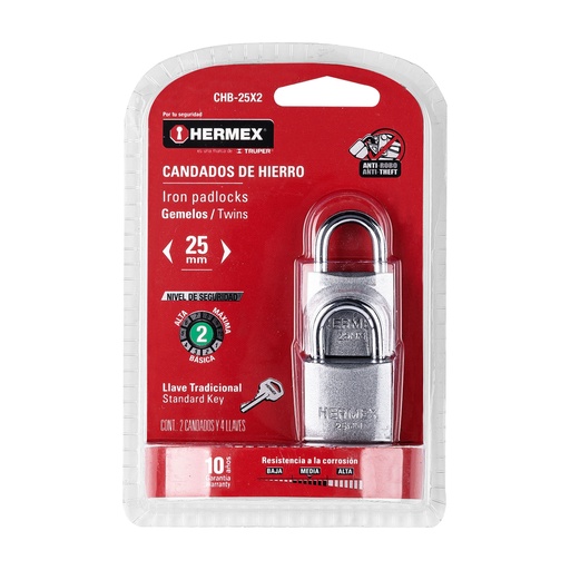 [HC13422] HERMEX CANDADO HIERRO, BLISTER, 25MM, 2 PZAS